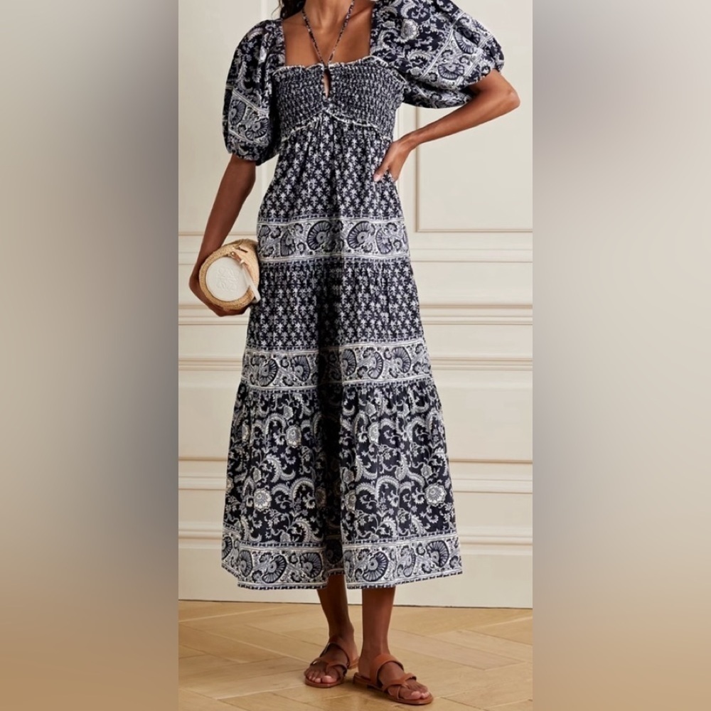 SEA New York Jasper Dress Puff Sleeve Tiered Midi Dress Navy Blue SZ M